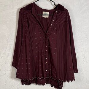 Oh My Stars Velvet Trim Button Up Burgundy Blouse Large